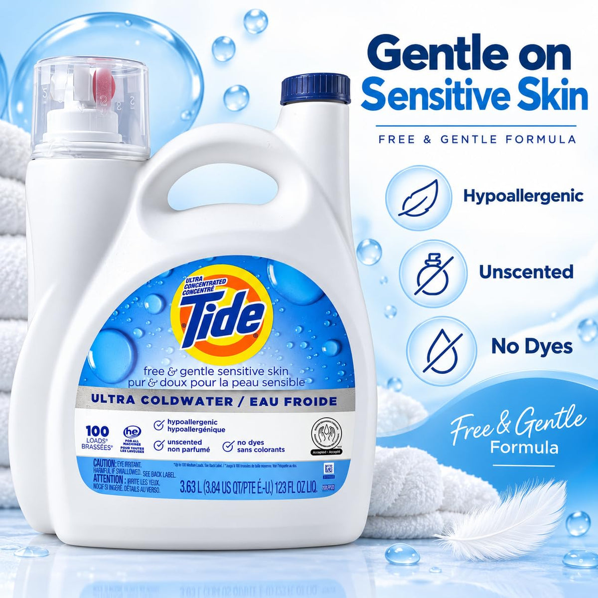 Tide Free & Gentle Liquid Laundry Detergent, 100 Loads, 132 fl oz, Tide Laundry Detergent, Clean Laundry Detergent