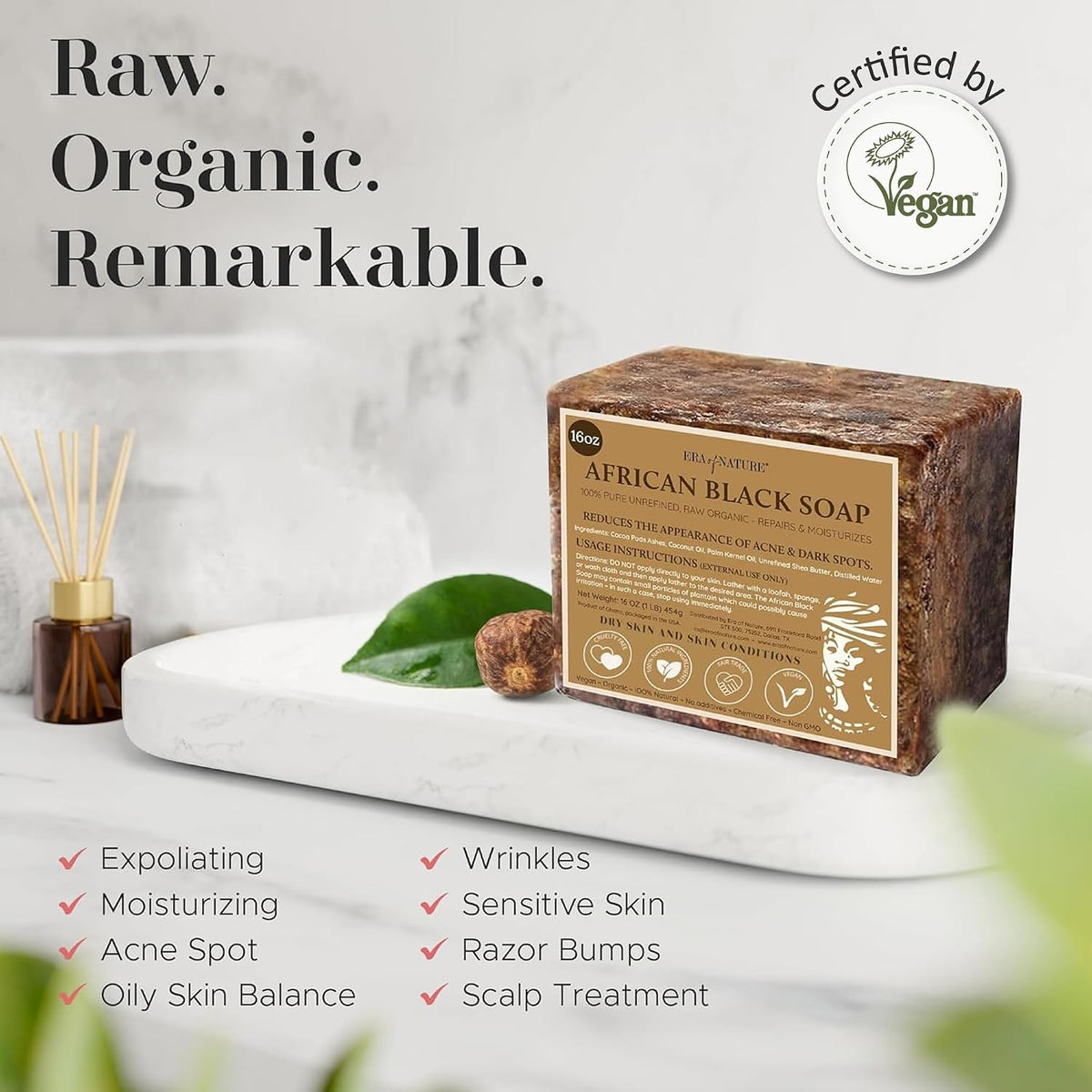 era of nature Organic African Black Soap Bar, Shea Butter, Dry Skin 16oz