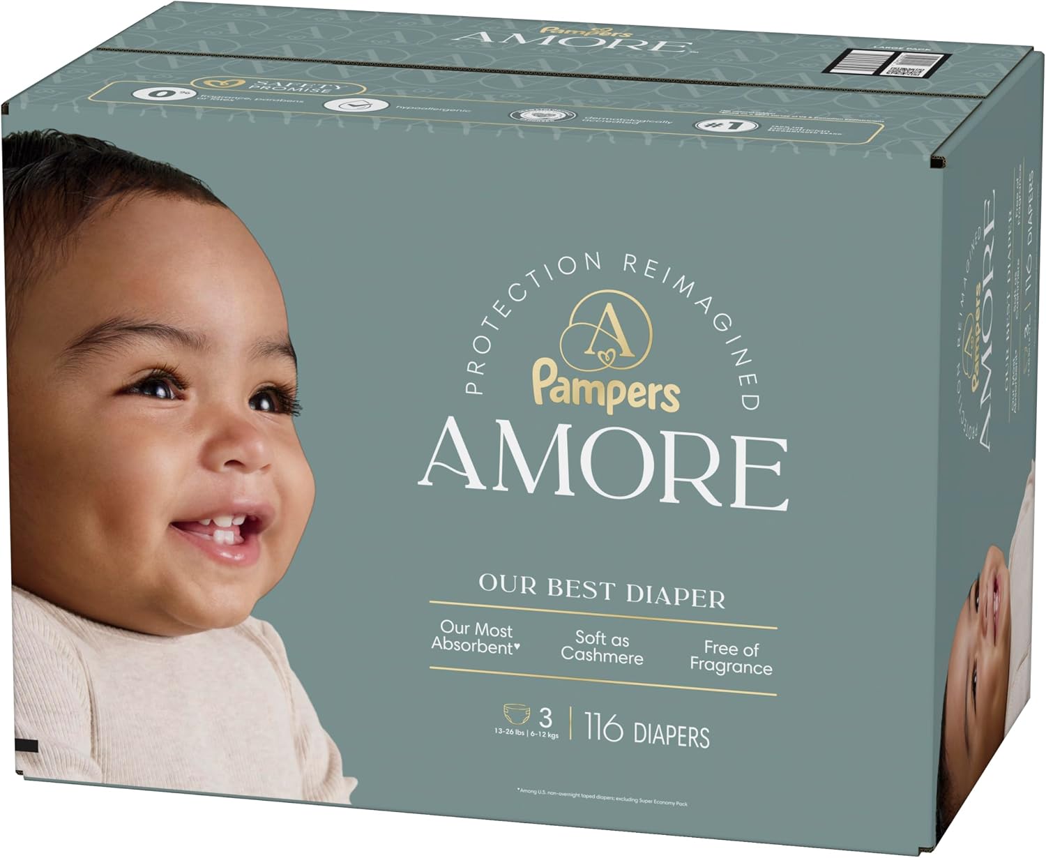 Pampers Amore, Size 4 (15-34 lbs), 150 Count, Our Best Diaper – Hypoallergenic & Fragrance Free, Up to 100% Leakproof, Soft as Cashmere