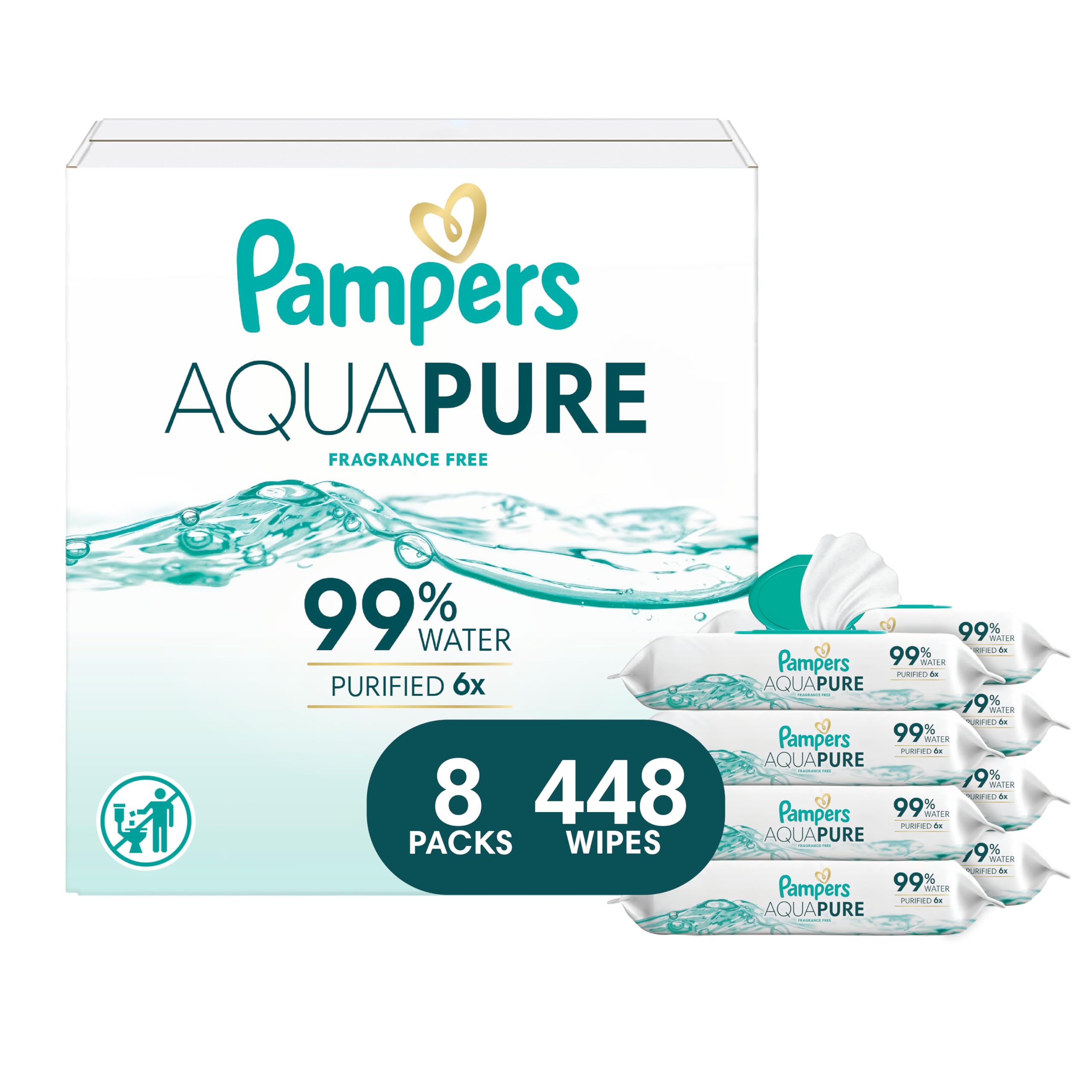 Pampers Aqua Pure Baby Wipes, 99% Water, Fragrance Free, Unscented, Water Based, Multi-Use, 896 Wipes Total (16X Flip-Top Packs) [Packaging May Vary]