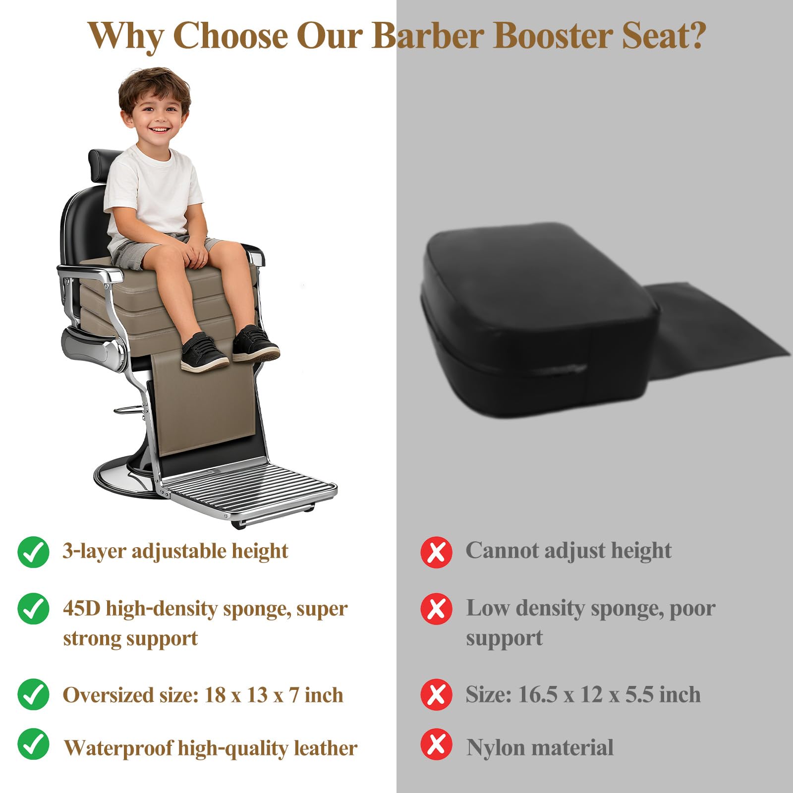 Barber Booster Seat for Kids, 18 x 13 x 7 inch Booster Seat for Salon Chair | 3-Layer Adjustable Kids Salon Booster Seat for Hair Cutting, 45D High-Density Foam Styling Chair Booster Cushion