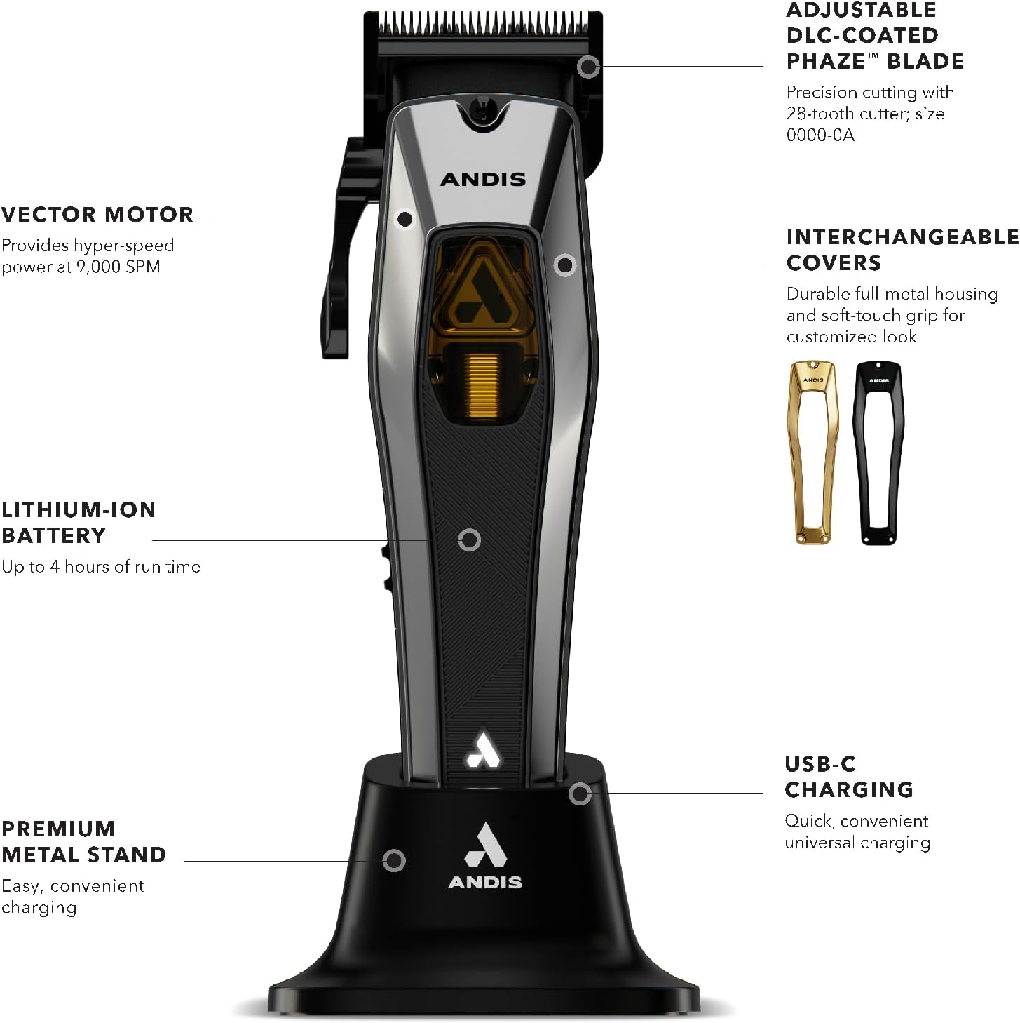 Andis Recon Professional Barber Vector Motor Hair Clipper, Phaze Blade | 9,000 SPM cordless motor, adjusts 0000-0A, 4-hr runtime, USB-C, professional cordless hair clipper