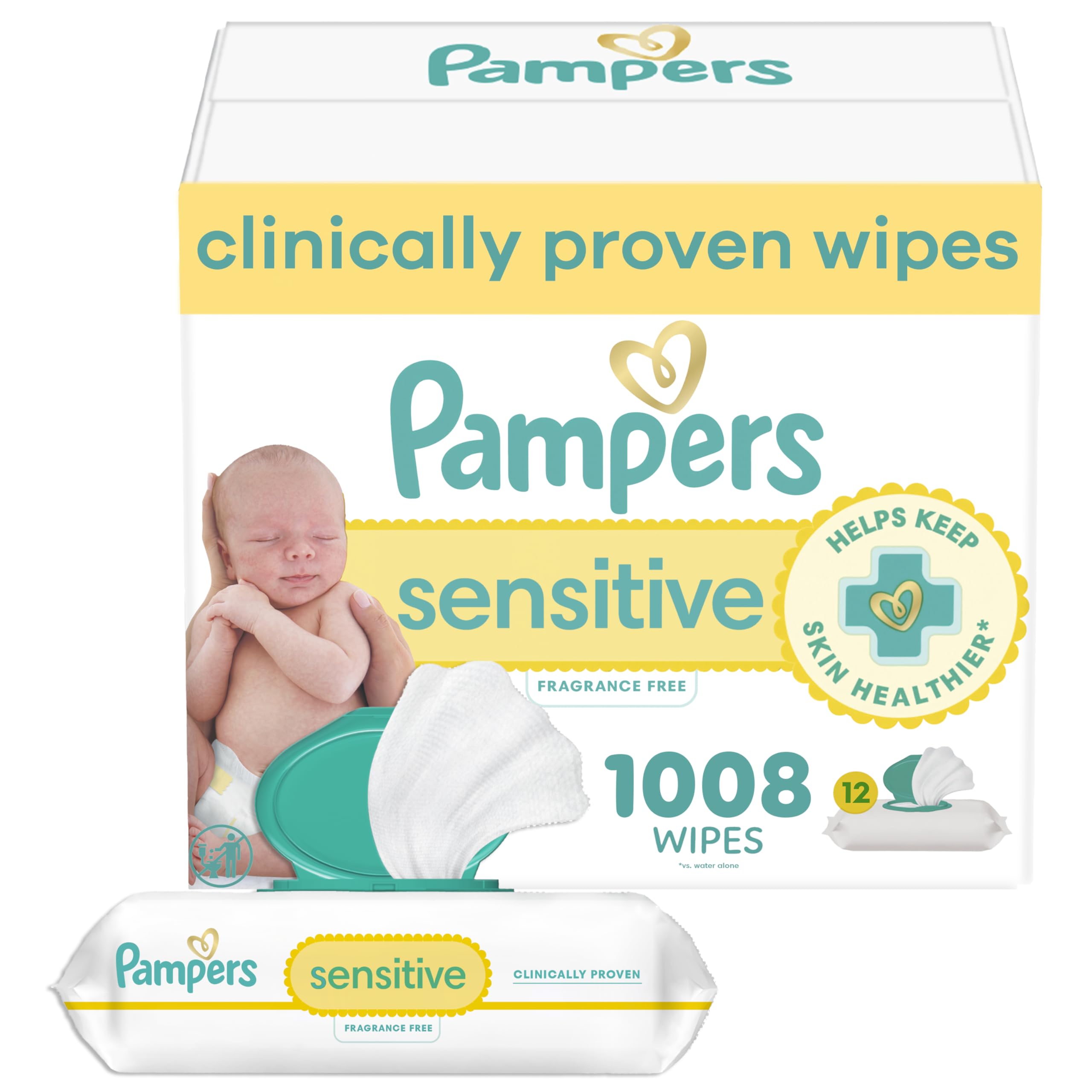 Pampers Sensitive Baby Wipes, Clinically Proven, Fragrance Free, Unscented, Water Based, Hypoallergenic, Multi-Use, Hand Wipes 1008 Wipes Total (18X Flip-Top Packs) [Packaging May Vary]