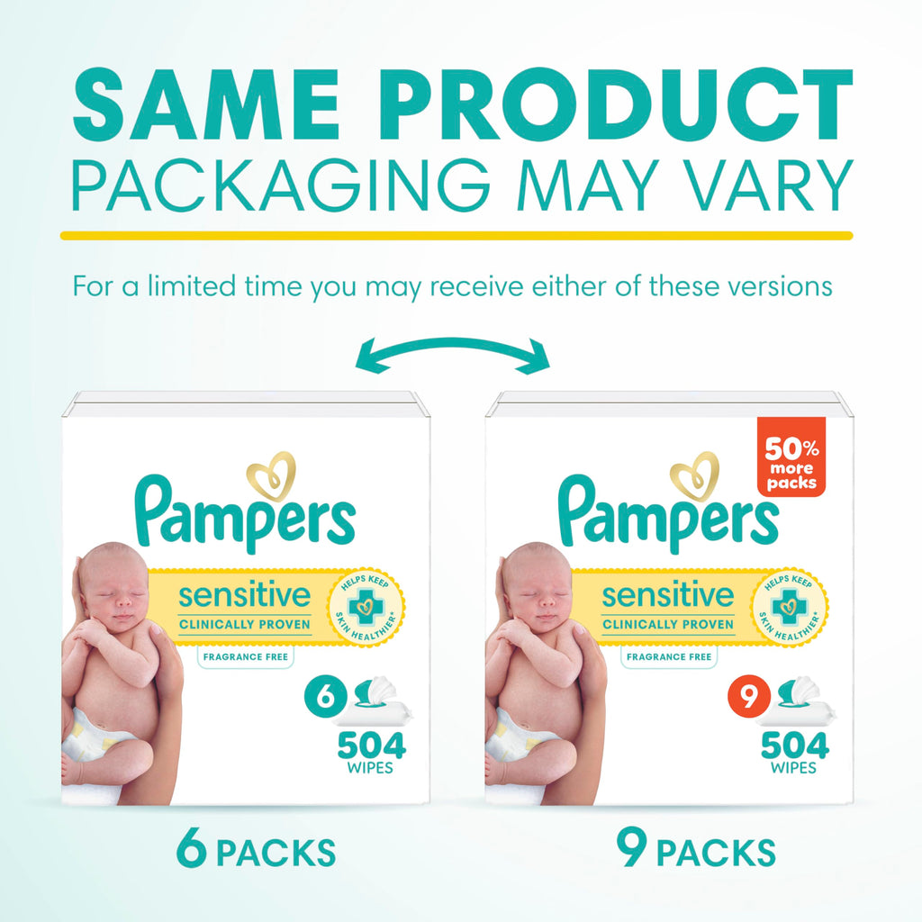 Pampers Sensitive Baby Wipes, Clinically Proven, Fragrance Free, Unscented, Water Based, Hypoallergenic, Multi-Use, Hand Wipes 1008 Wipes Total (18X Flip-Top Packs) [Packaging May Vary]