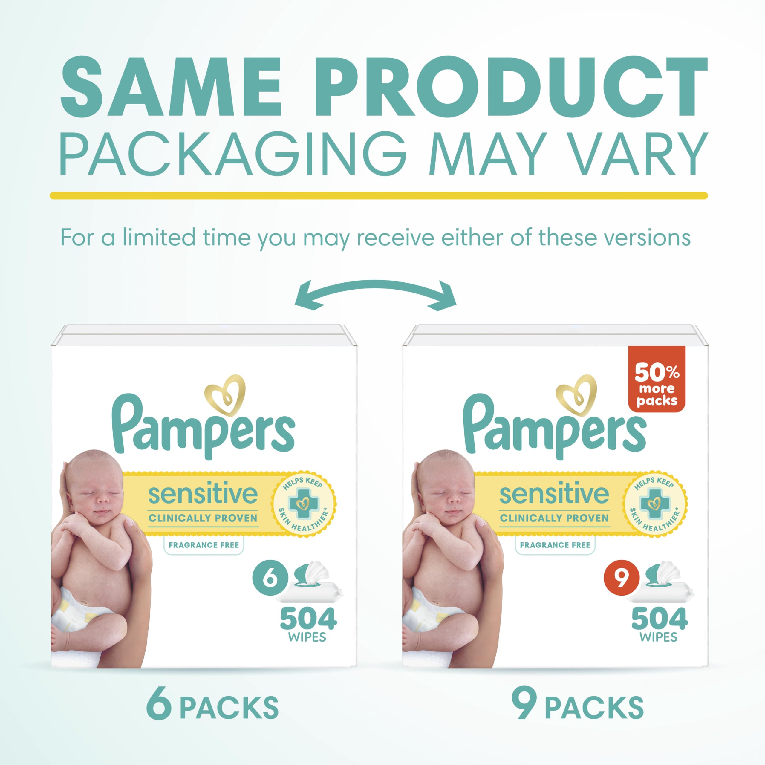 Pampers Sensitive Baby Wipes, Clinically Proven, Fragrance Free, Unscented, Water Based, Hypoallergenic, Multi-Use, Hand Wipes 1008 Wipes Total (18X Flip-Top Packs) [Packaging May Vary]
