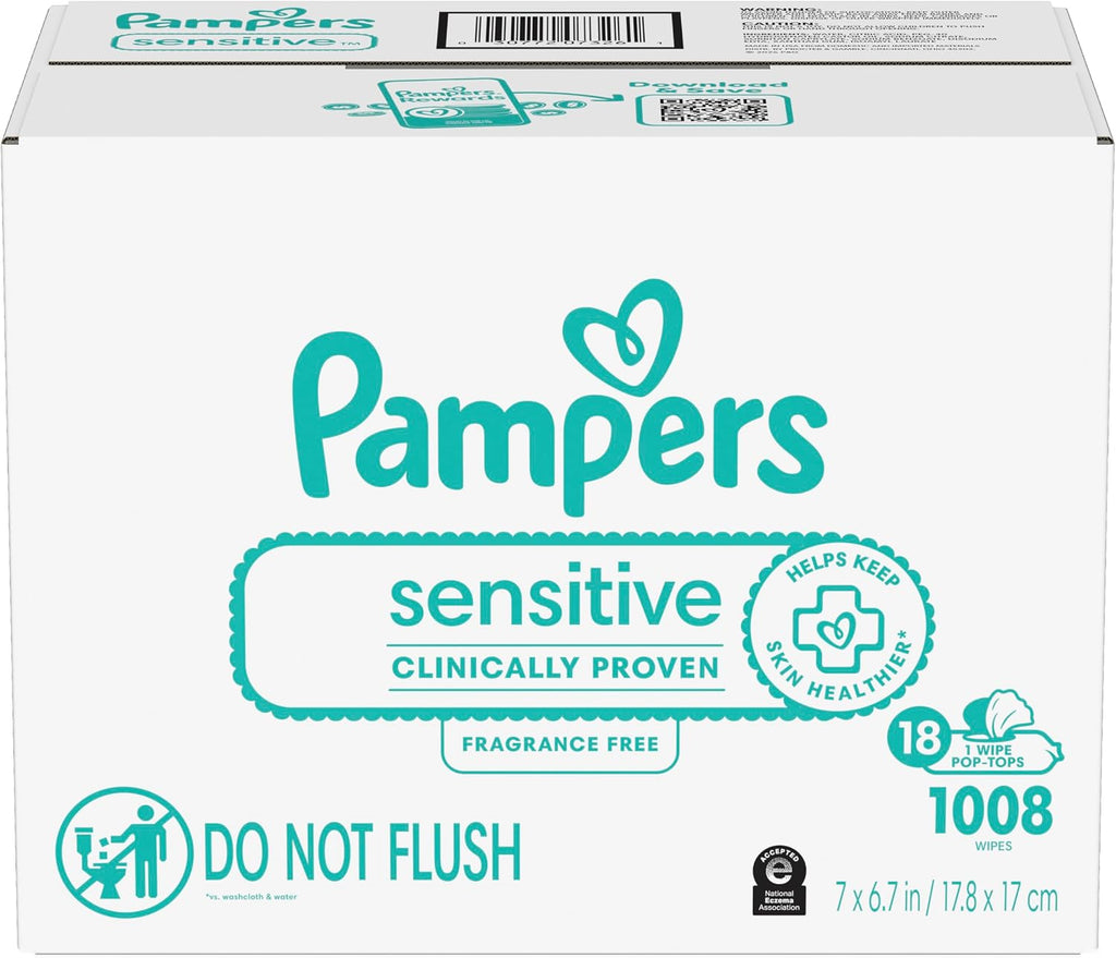 Pampers Sensitive Baby Wipes, Clinically Proven, Fragrance Free, Unscented, Water Based, Hypoallergenic, Multi-Use, Hand Wipes 1008 Wipes Total (18X Flip-Top Packs) [Packaging May Vary]