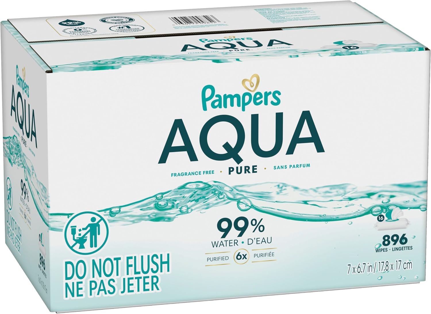 Pampers Aqua Pure Baby Wipes, 99% Water, Fragrance Free, Unscented, Water Based, Multi-Use, 896 Wipes Total (16X Flip-Top Packs) [Packaging May Vary]
