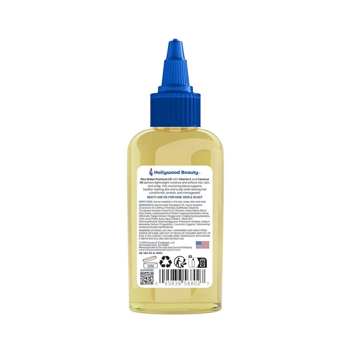 Hollywood Beauty Rice Water Premium Oil for Hair, Scalp, and Skin - 2 fl oz - Helps Strengthen Hair & Makes Skin Glow