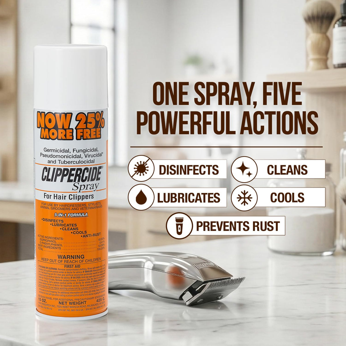 CLIPPERCIDE 5-in-1 Clipper Disinfectant Spray 15oz, 6 Pack | Cleans, Lubricates, Cools, Prevents Rust & Disinfects | Professional Clipper Spray for Barbers, Stylists & Pet Groomers | Made by BARBICIDE