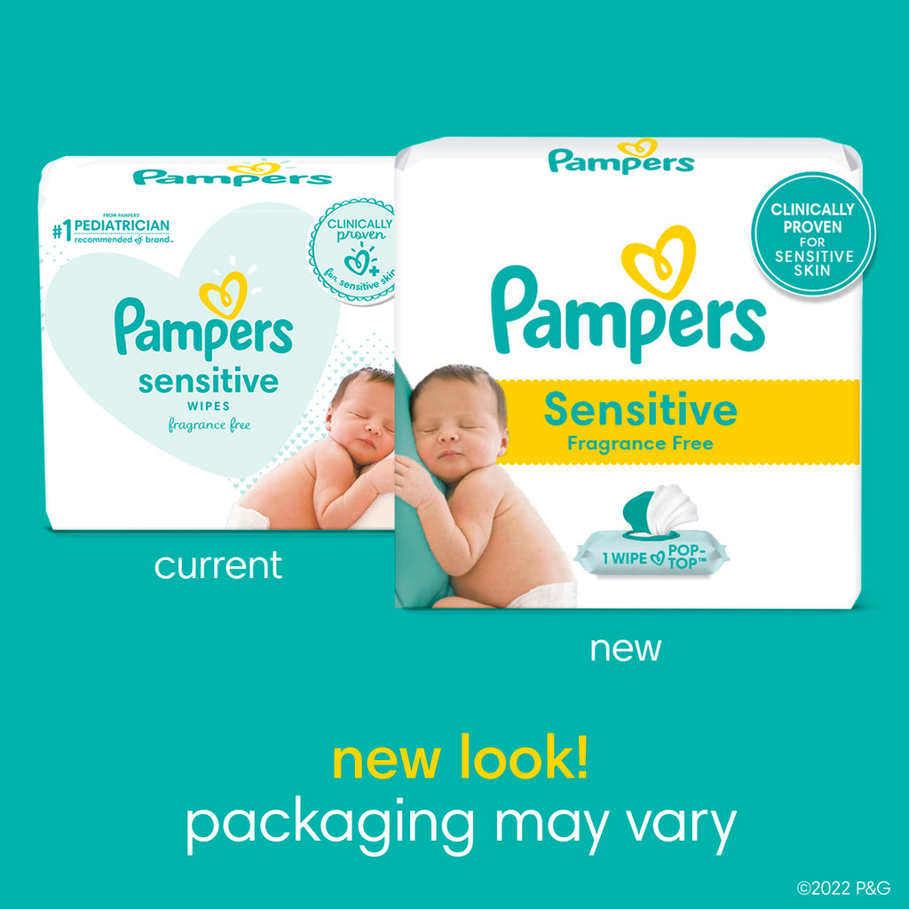 Pampers Sensitive Baby Wipes, Clinically Proven, Fragrance Free, Unscented, Water Based, Hypoallergenic, Multi-Use, Hand Wipes 1008 Wipes Total (18X Flip-Top Packs) [Packaging May Vary]