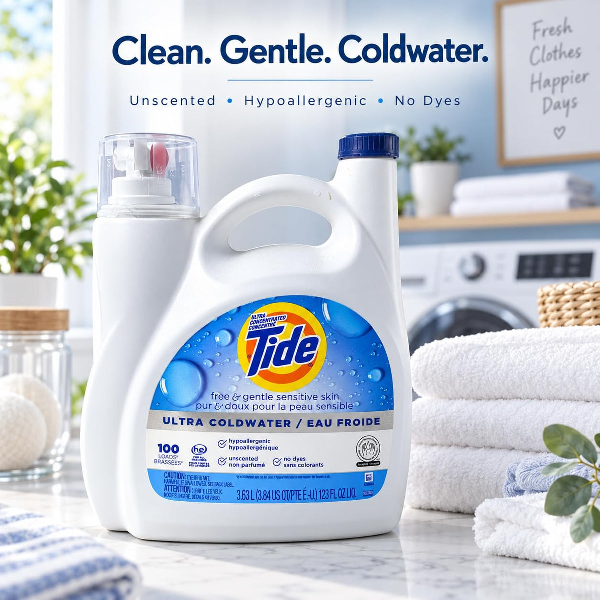 Tide Free & Gentle Liquid Laundry Detergent, 100 Loads, 132 fl oz, Tide Laundry Detergent, Clean Laundry Detergent