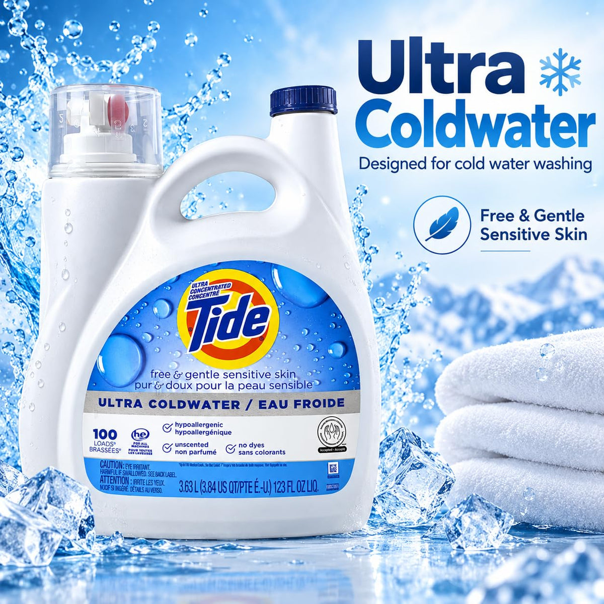 Tide Free & Gentle Liquid Laundry Detergent, 100 Loads, 132 fl oz, Tide Laundry Detergent, Clean Laundry Detergent