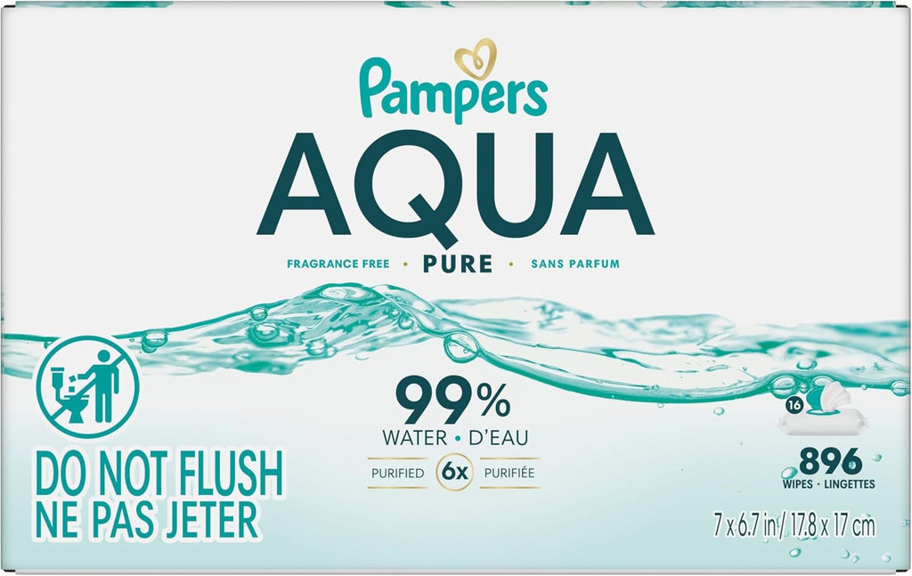 Pampers Aqua Pure Baby Wipes, 99% Water, Fragrance Free, Unscented, Water Based, Multi-Use, 896 Wipes Total (16X Flip-Top Packs) [Packaging May Vary]