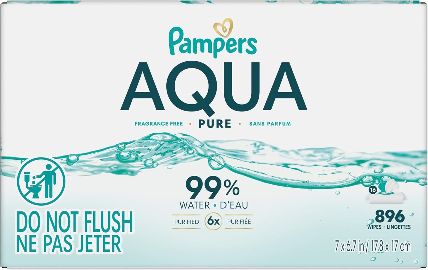 Pampers Aqua Pure Baby Wipes, 99% Water, Fragrance Free, Unscented, Water Based, Multi-Use, 896 Wipes Total (16X Flip-Top Packs) [Packaging May Vary]