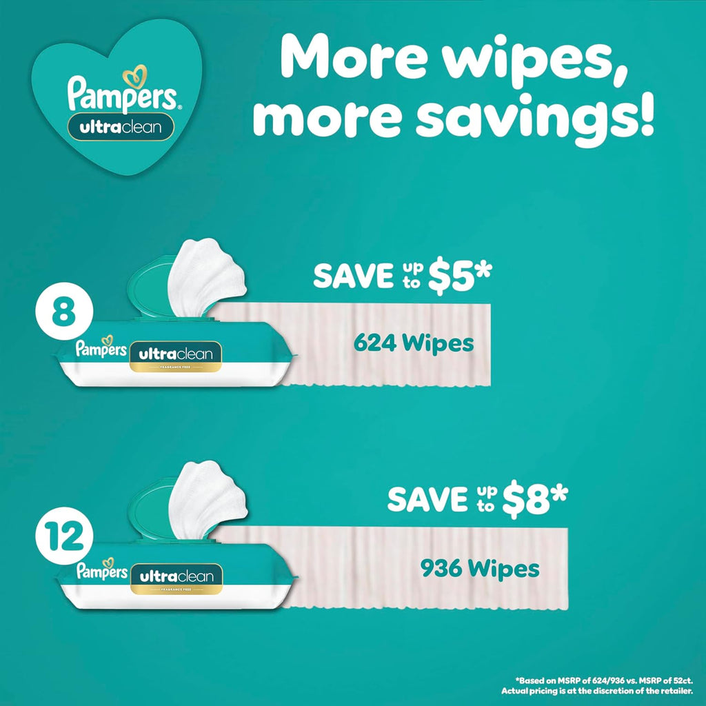 Pampers Ultraclean Baby Wipes (Previously 'Free & Gentle'), 99% Water, Hypoallergenic, Unscented, 100% Plant Based, Plastic-Free, 936 Wipes Total (12X Flip-Top Packs)