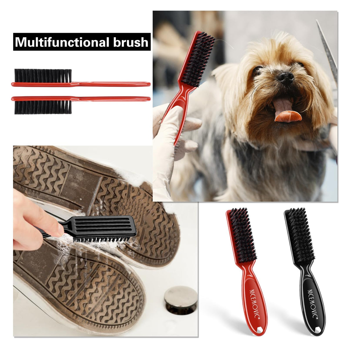 NICEMOVIC Barber Clipper Brushes, 10 Pcs Plastic Handle Nylon Bristles Cleaning Brush, Multifunctional Cleaning Supplies for Hair Styling Tools, Kitchen Sink, Shoes (Black)