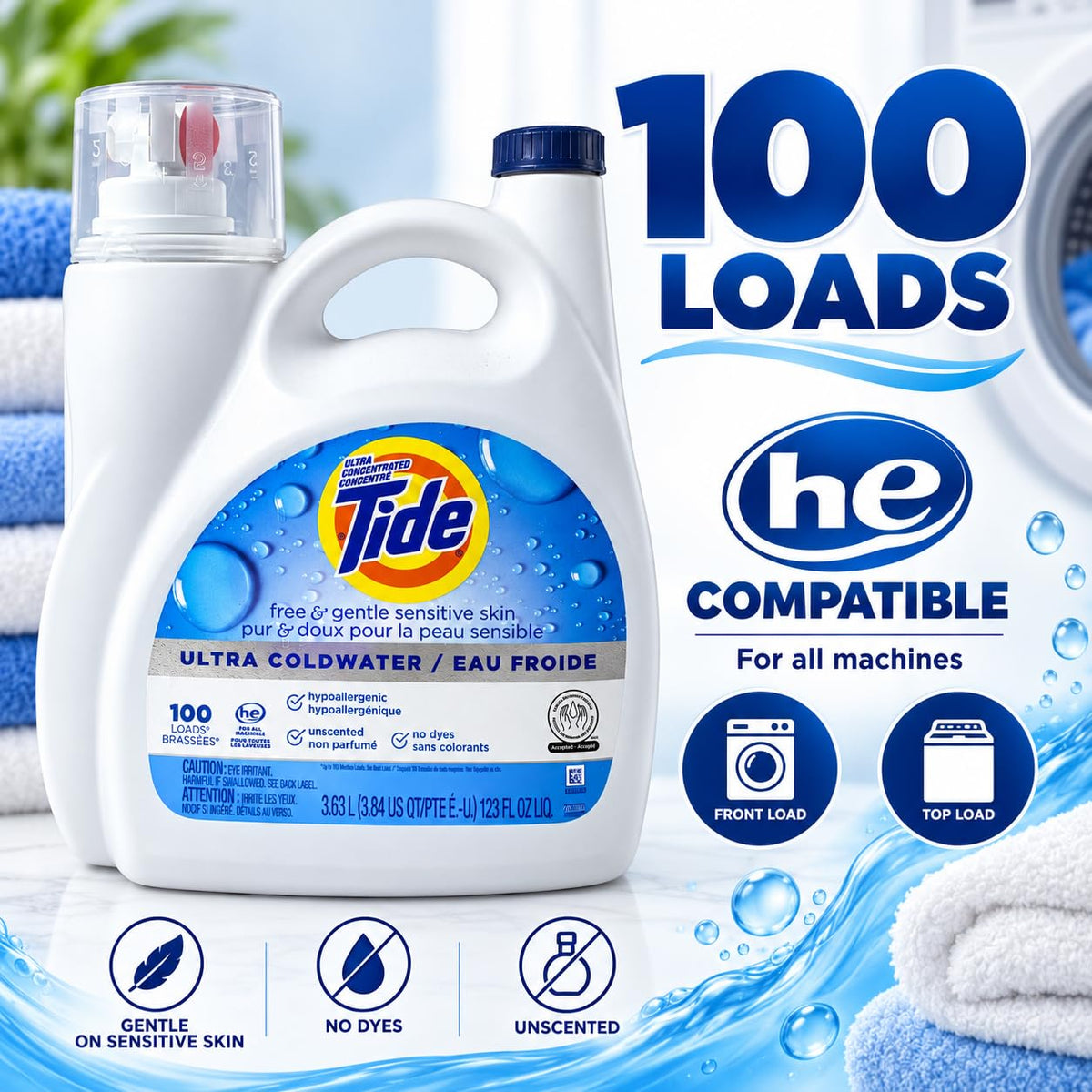 Tide Free & Gentle Liquid Laundry Detergent, 100 Loads, 132 fl oz, Tide Laundry Detergent, Clean Laundry Detergent