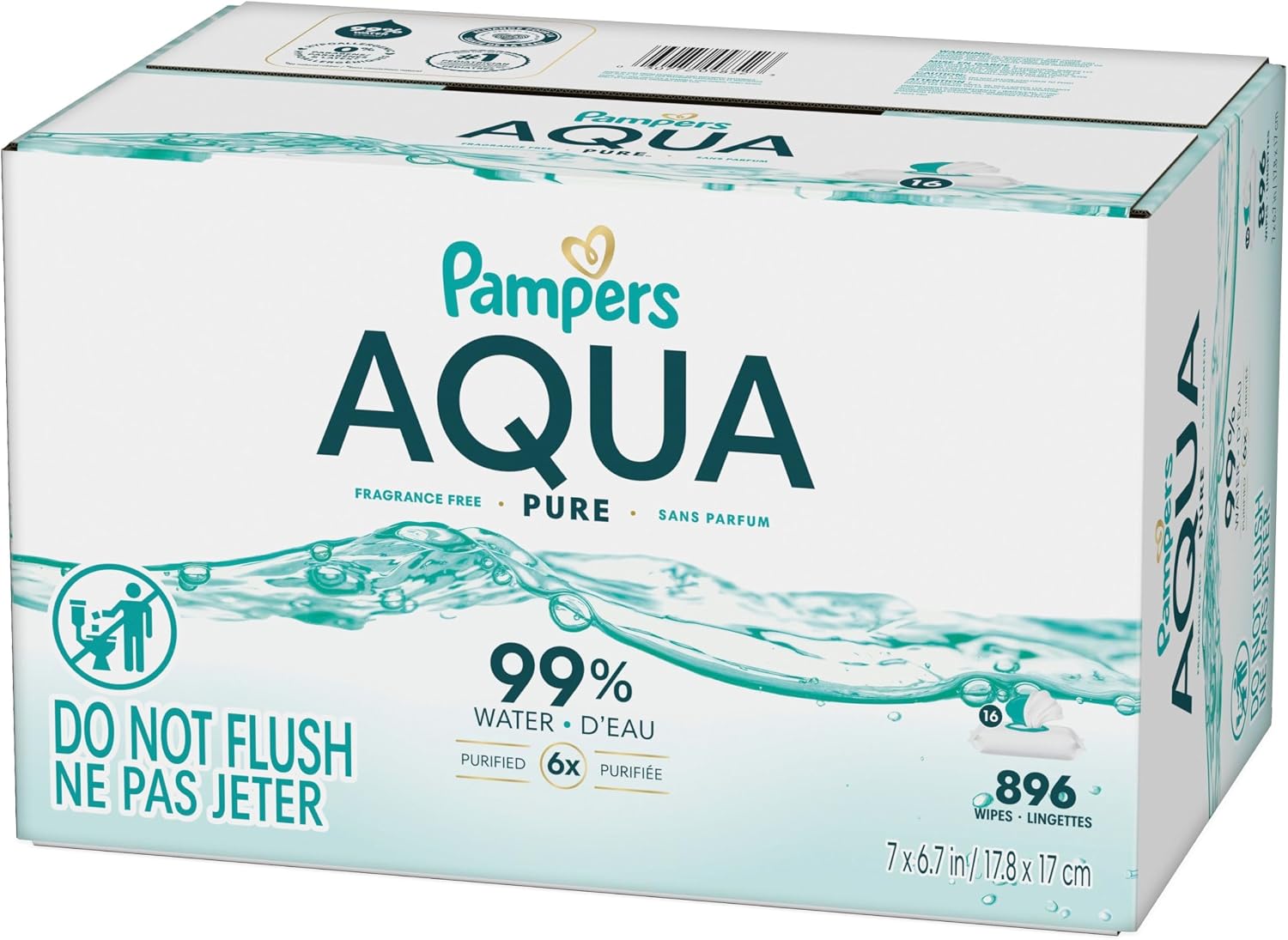 Pampers Aqua Pure Baby Wipes, 99% Water, Fragrance Free, Unscented, Water Based, Multi-Use, 896 Wipes Total (16X Flip-Top Packs) [Packaging May Vary]