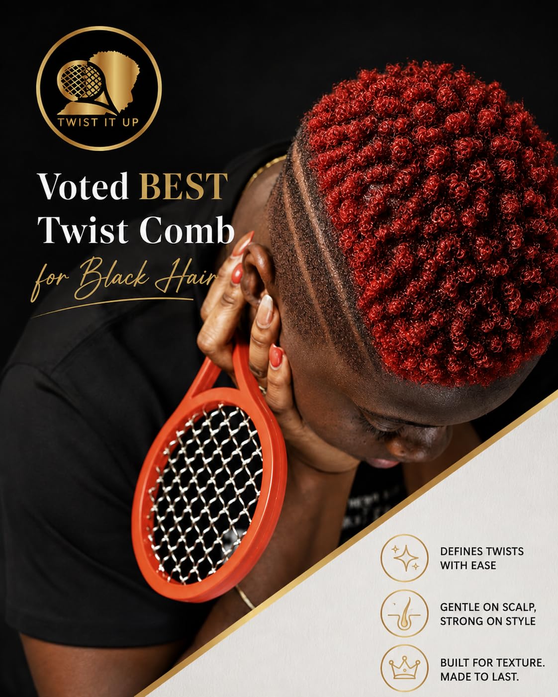Twist It Up Comb (Bond Black) - Alternative for Hair Sponges, Creates Curls and Twists for Black Men, Tennis Racket Design
