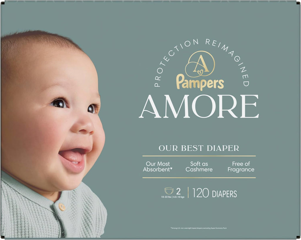 Pampers Amore, Size 4 (15-34 lbs), 150 Count, Our Best Diaper – Hypoallergenic & Fragrance Free, Up to 100% Leakproof, Soft as Cashmere