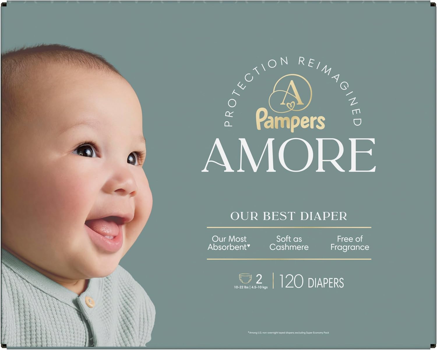 Pampers Amore, Size 4 (15-34 lbs), 150 Count, Our Best Diaper – Hypoallergenic & Fragrance Free, Up to 100% Leakproof, Soft as Cashmere