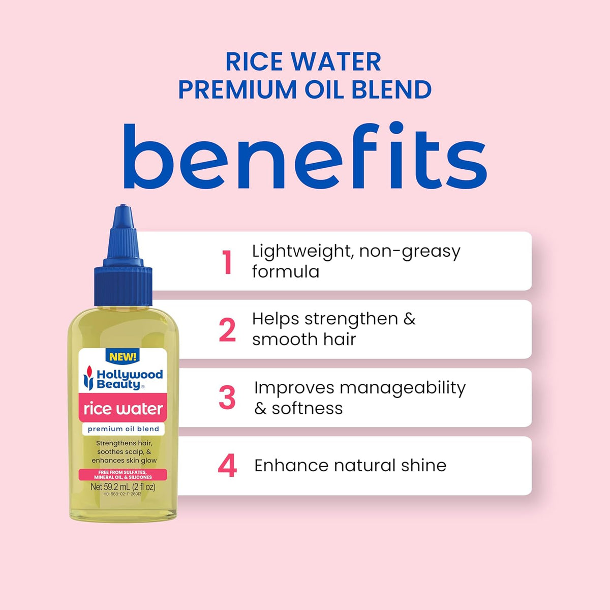Hollywood Beauty Rice Water Premium Oil for Hair, Scalp, and Skin - 2 fl oz - Helps Strengthen Hair & Makes Skin Glow