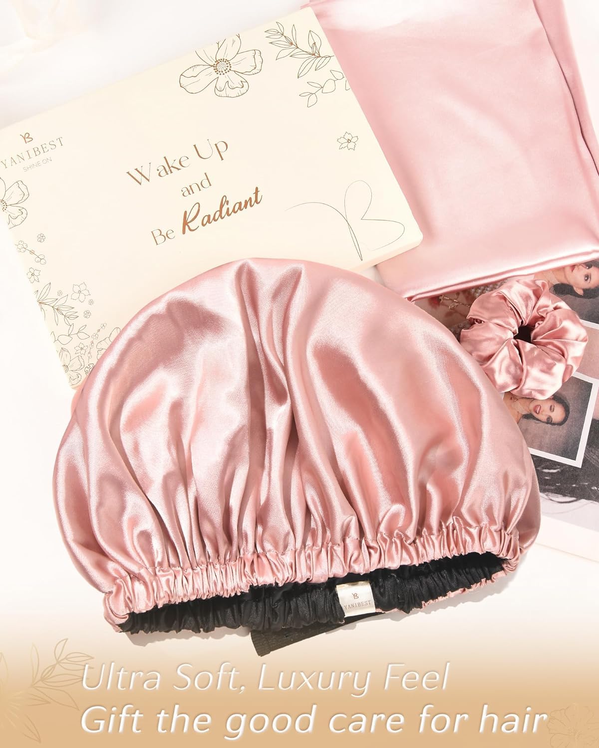 YANIBEST Adjustable Satin Bonnet Double Layer Hair Bonnet for Sleeping Bonnets for Women Hats Curly Natural Hair, Blush Pink