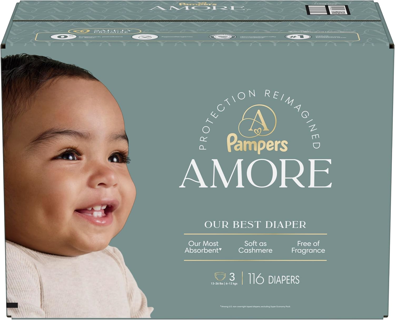 Pampers Amore, Size 4 (15-34 lbs), 150 Count, Our Best Diaper – Hypoallergenic & Fragrance Free, Up to 100% Leakproof, Soft as Cashmere