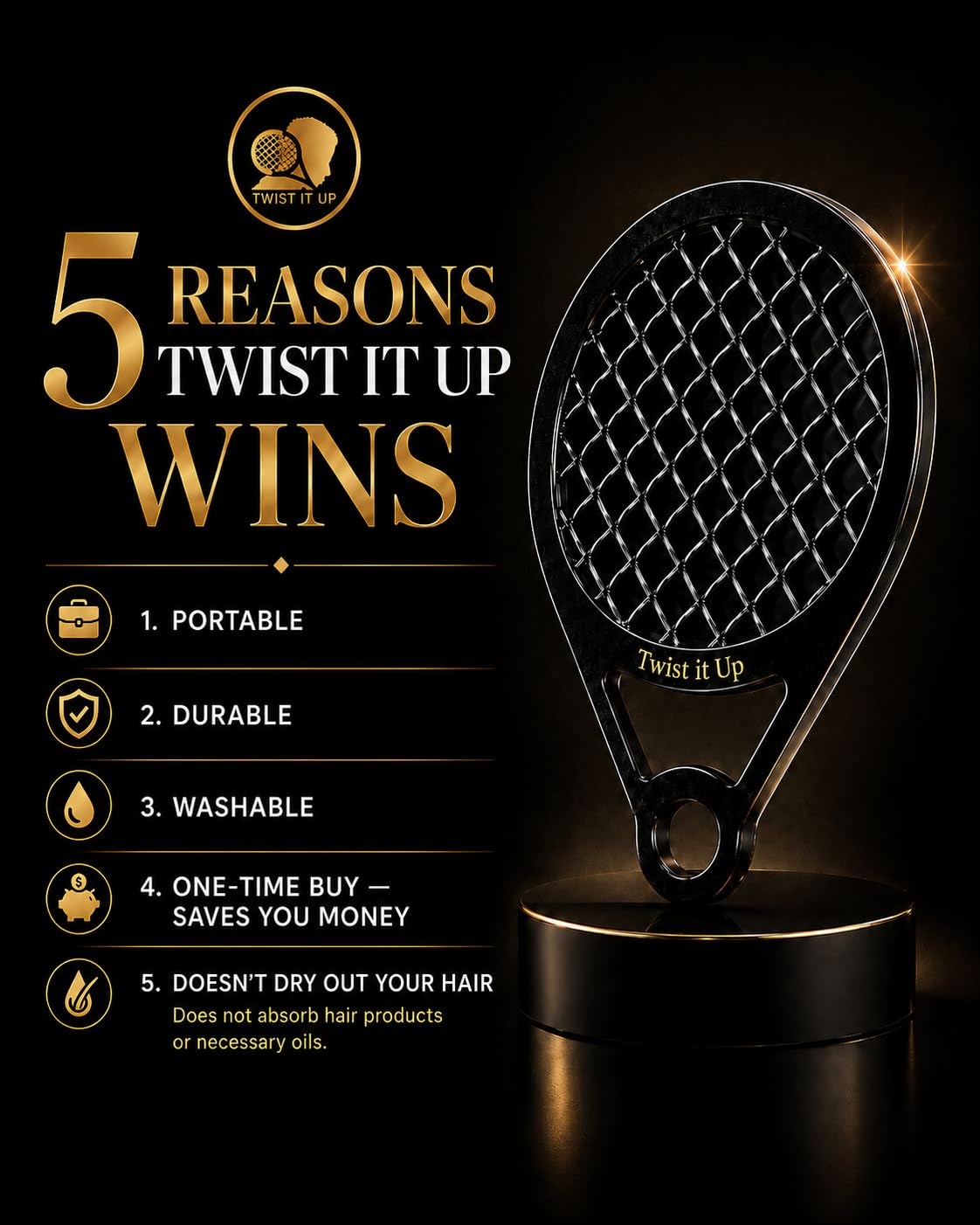 Twist It Up Comb (Bond Black) - Alternative for Hair Sponges, Creates Curls and Twists for Black Men, Tennis Racket Design