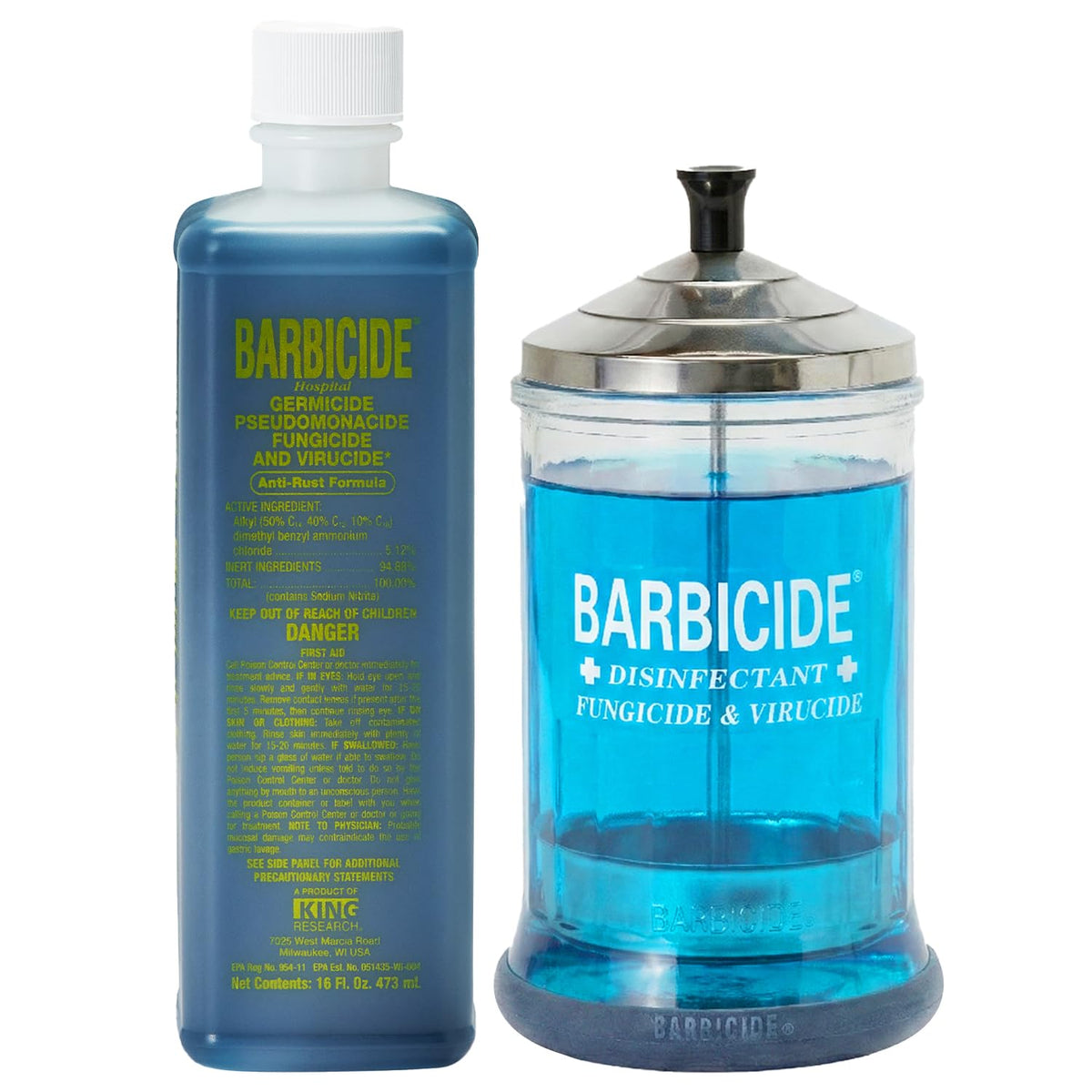 BARBICIDE Disinfectant Jar and Concentrate Starter Set (37 Oz Jar +16 Fl Oz)– Professional Salon, Spa & Barber Tool Sanitizing Kit