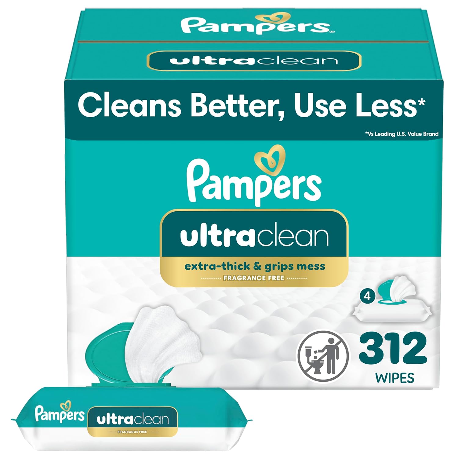 Pampers Ultraclean Baby Wipes (Previously 'Free & Gentle'), 99% Water, Hypoallergenic, Unscented, 100% Plant Based, Plastic-Free, 936 Wipes Total (12X Flip-Top Packs)