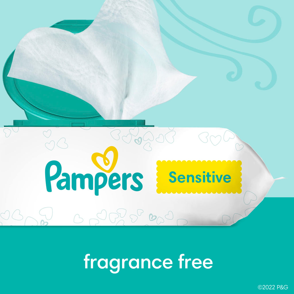 Pampers Sensitive Baby Wipes, Clinically Proven, Fragrance Free, Unscented, Water Based, Hypoallergenic, Multi-Use, Hand Wipes 1008 Wipes Total (18X Flip-Top Packs) [Packaging May Vary]