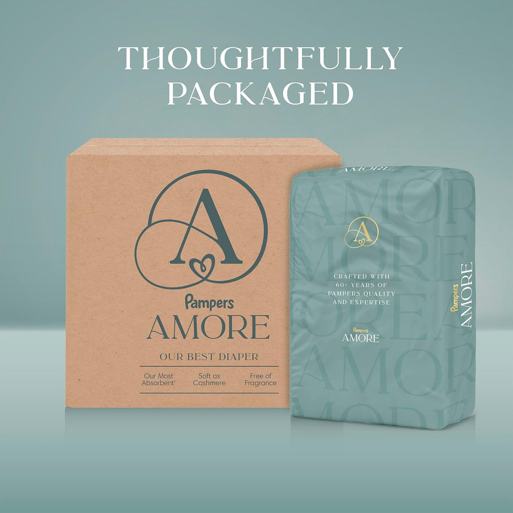 Pampers Amore, Size 4 (15-34 lbs), 150 Count, Our Best Diaper – Hypoallergenic & Fragrance Free, Up to 100% Leakproof, Soft as Cashmere