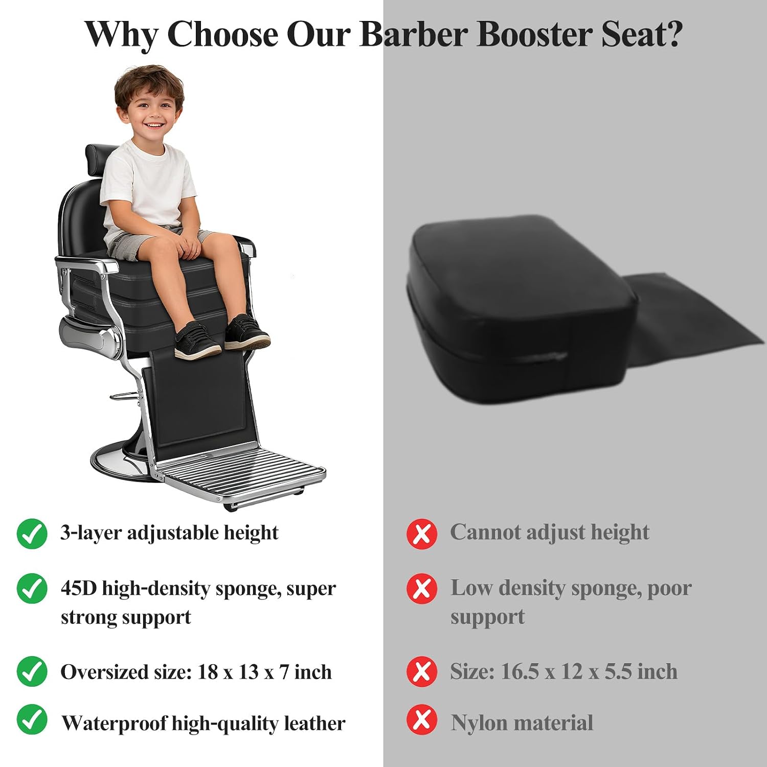 Barber Booster Seat for Kids, 18 x 13 x 7 inch Booster Seat for Salon Chair | 3-Layer Adjustable Kids Salon Booster Seat for Hair Cutting, 45D High-Density Foam Styling Chair Booster Cushion