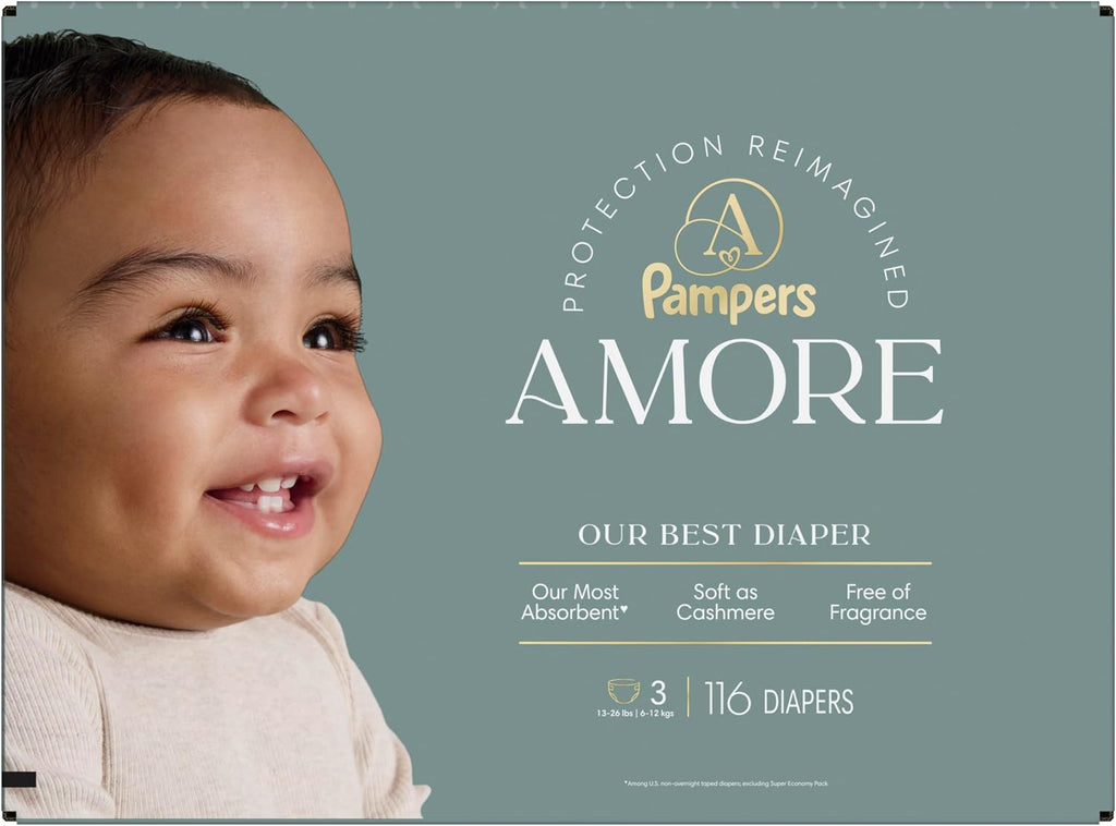 Pampers Amore, Size 4 (15-34 lbs), 150 Count, Our Best Diaper – Hypoallergenic & Fragrance Free, Up to 100% Leakproof, Soft as Cashmere