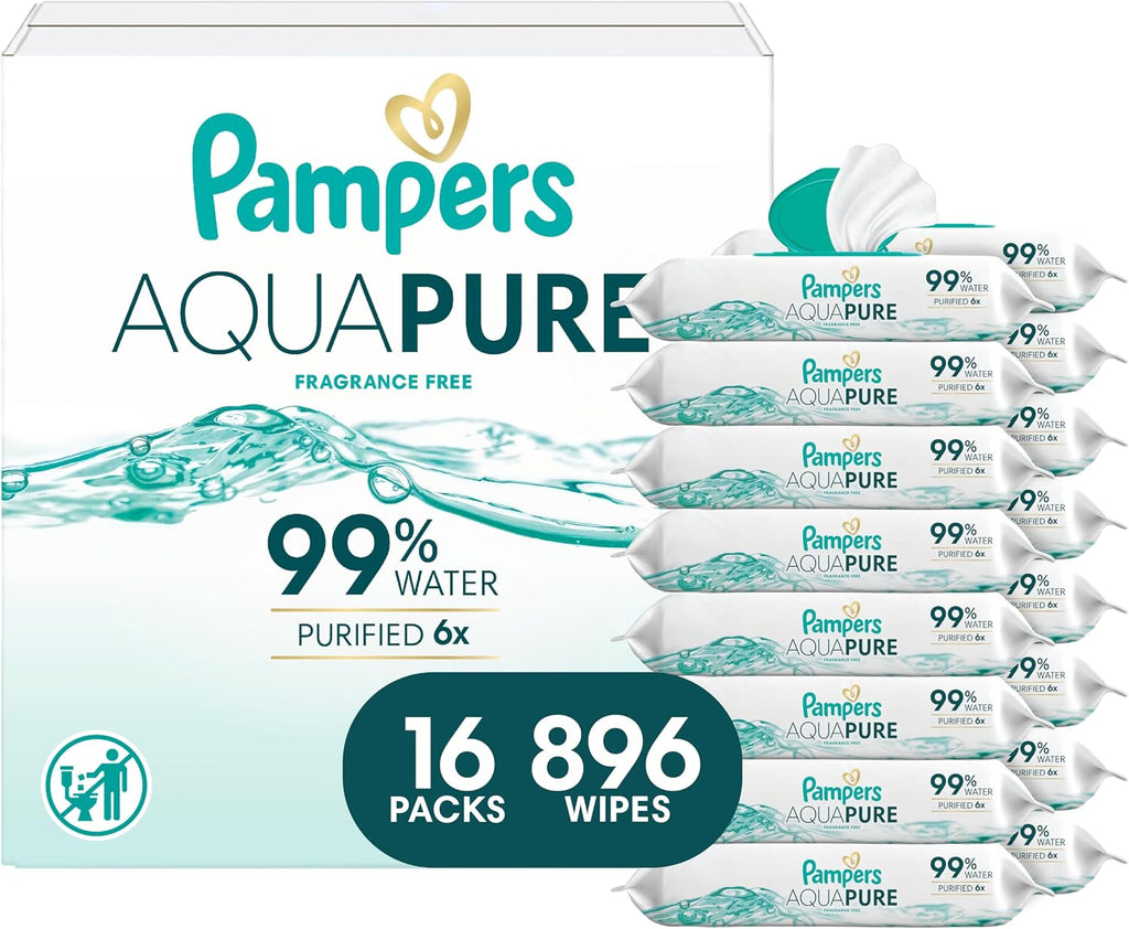 Pampers Aqua Pure Baby Wipes, 99% Water, Fragrance Free, Unscented, Water Based, Multi-Use, 896 Wipes Total (16X Flip-Top Packs) [Packaging May Vary]