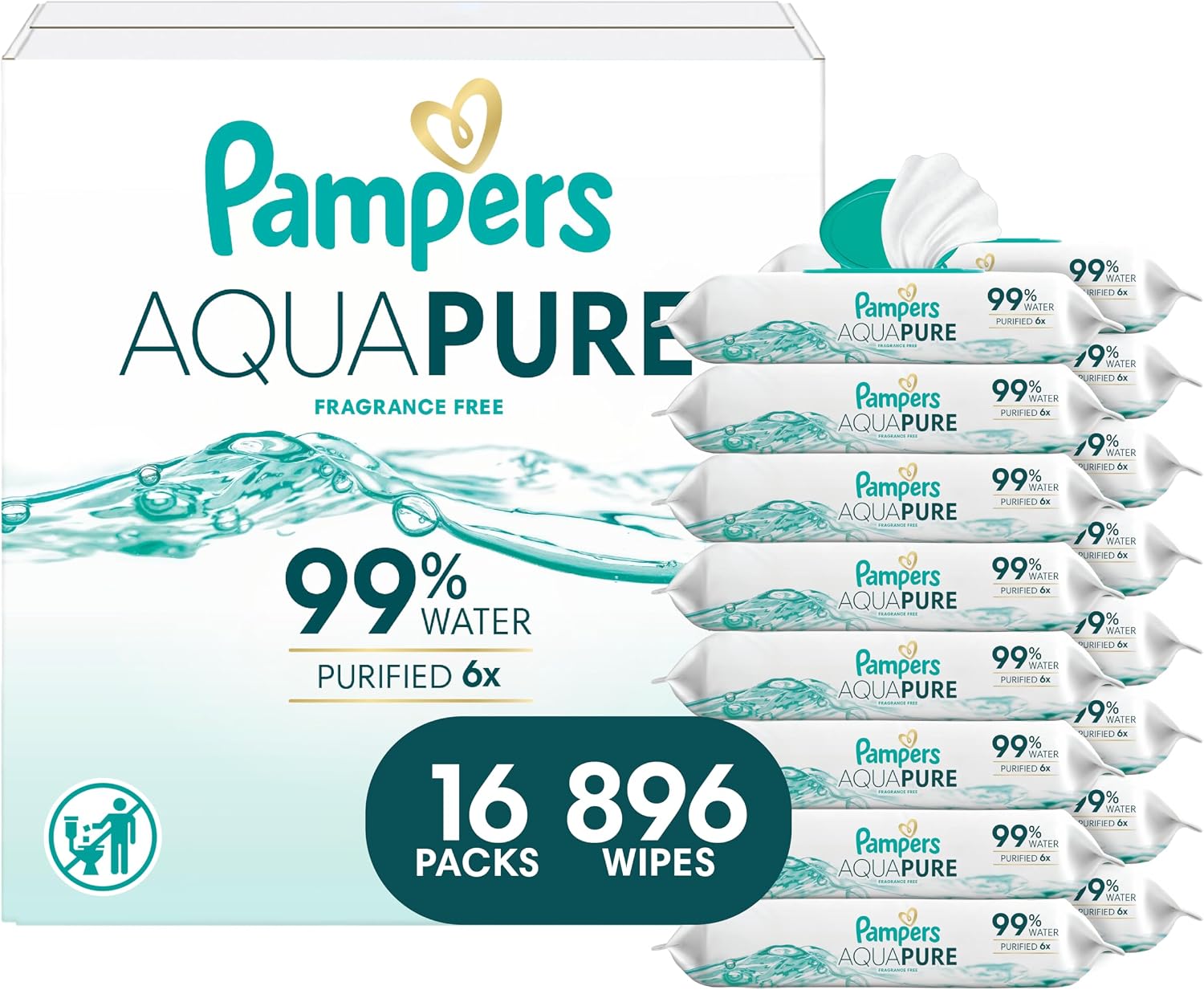 Pampers Aqua Pure Baby Wipes, 99% Water, Fragrance Free, Unscented, Water Based, Multi-Use, 896 Wipes Total (16X Flip-Top Packs) [Packaging May Vary]