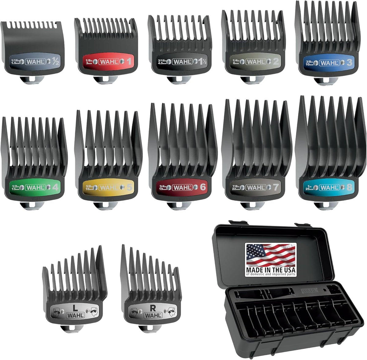 Wahl Genuine SECURE-SNAP Colored Metal Clip Guard Set, 12 Guards & Caddy