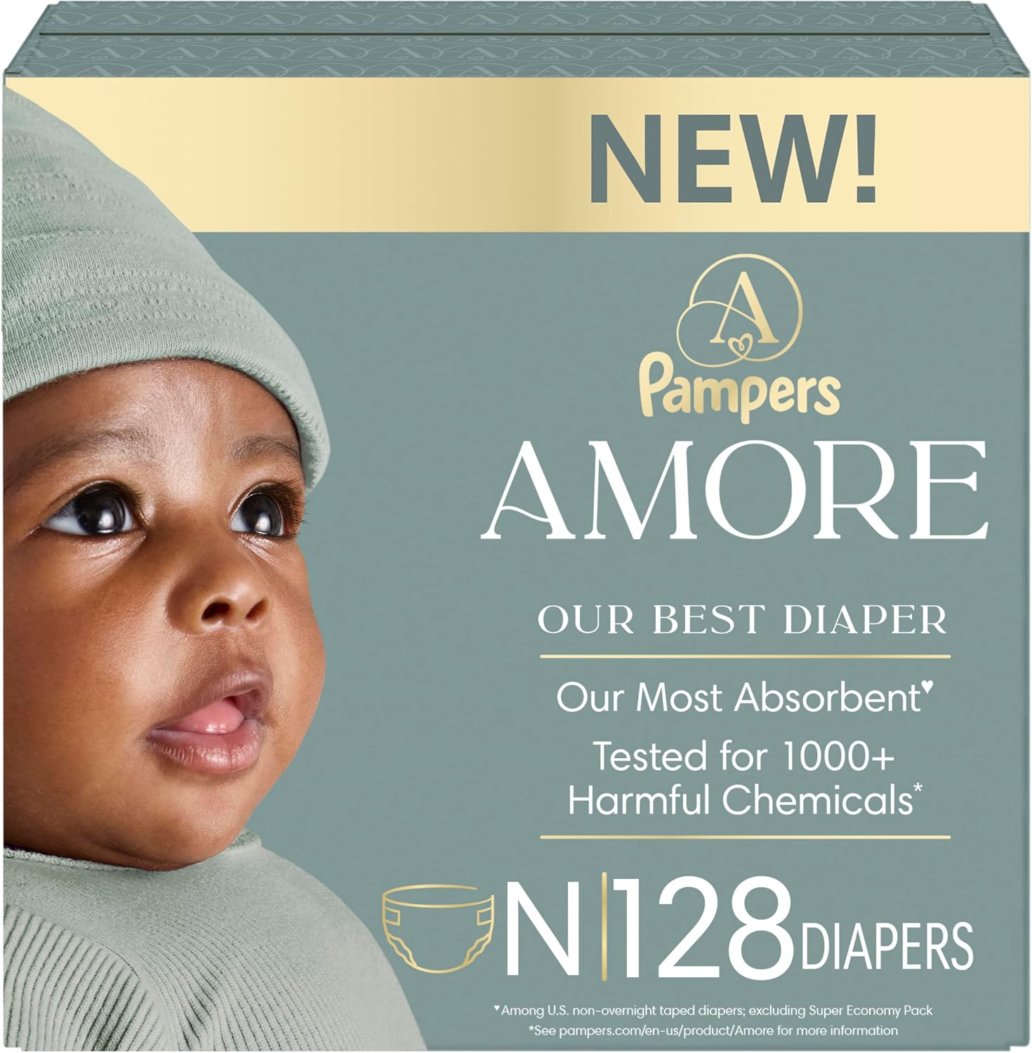 Pampers Amore, Size 4 (15-34 lbs), 150 Count, Our Best Diaper – Hypoallergenic & Fragrance Free, Up to 100% Leakproof, Soft as Cashmere