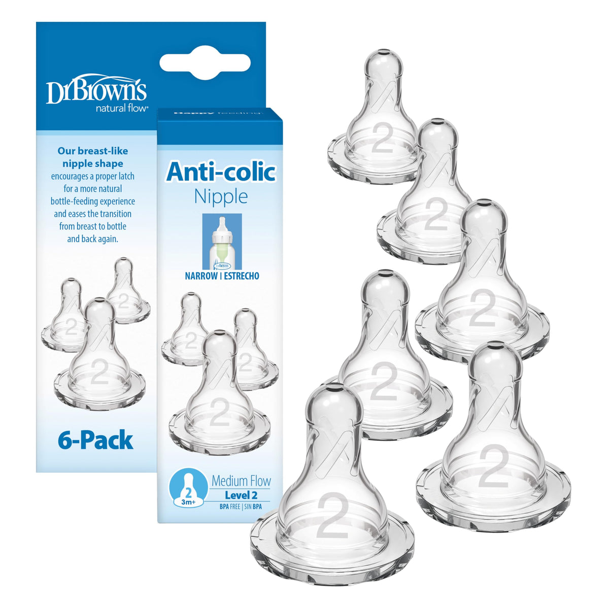 Dr. Brown’s Narrow Level 3 Medium-Fast Flow Nipple, 6m+, 6-Pack