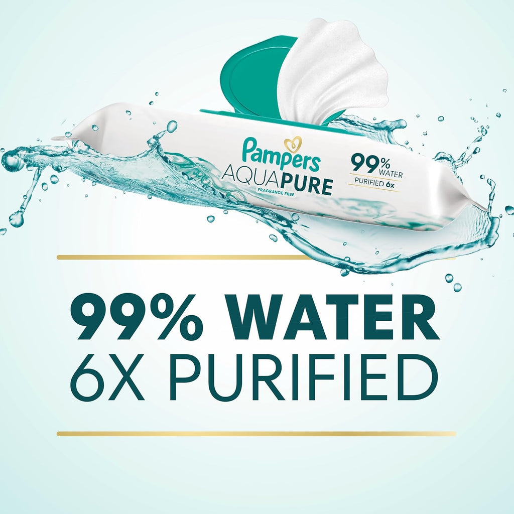 Pampers Aqua Pure Baby Wipes, 99% Water, Fragrance Free, Unscented, Water Based, Multi-Use, 896 Wipes Total (16X Flip-Top Packs) [Packaging May Vary]