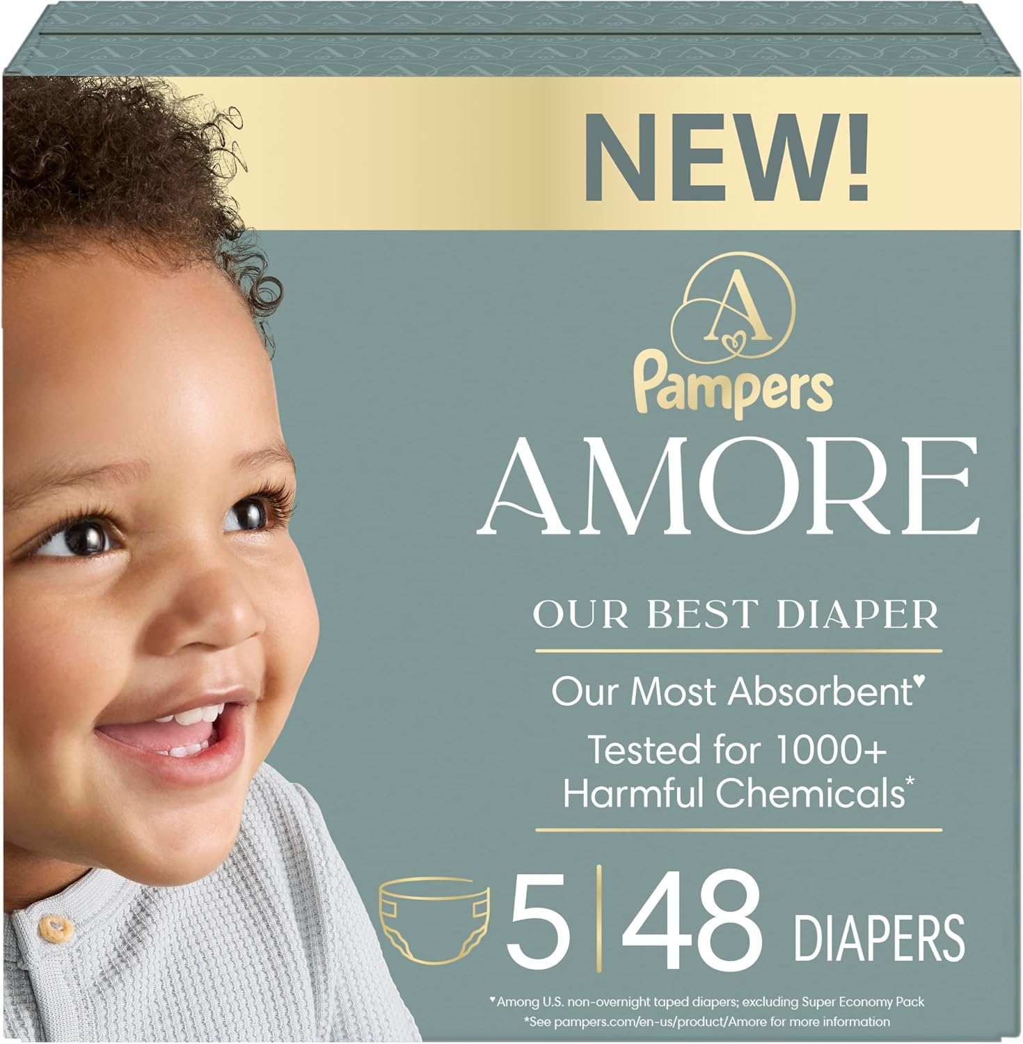 Pampers Amore, Size 4 (15-34 lbs), 150 Count, Our Best Diaper – Hypoallergenic & Fragrance Free, Up to 100% Leakproof, Soft as Cashmere