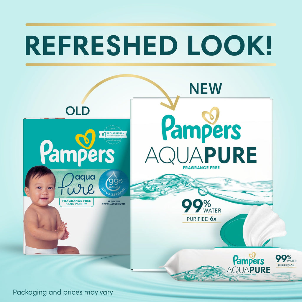 Pampers Aqua Pure Baby Wipes, 99% Water, Fragrance Free, Unscented, Water Based, Multi-Use, 896 Wipes Total (16X Flip-Top Packs) [Packaging May Vary]