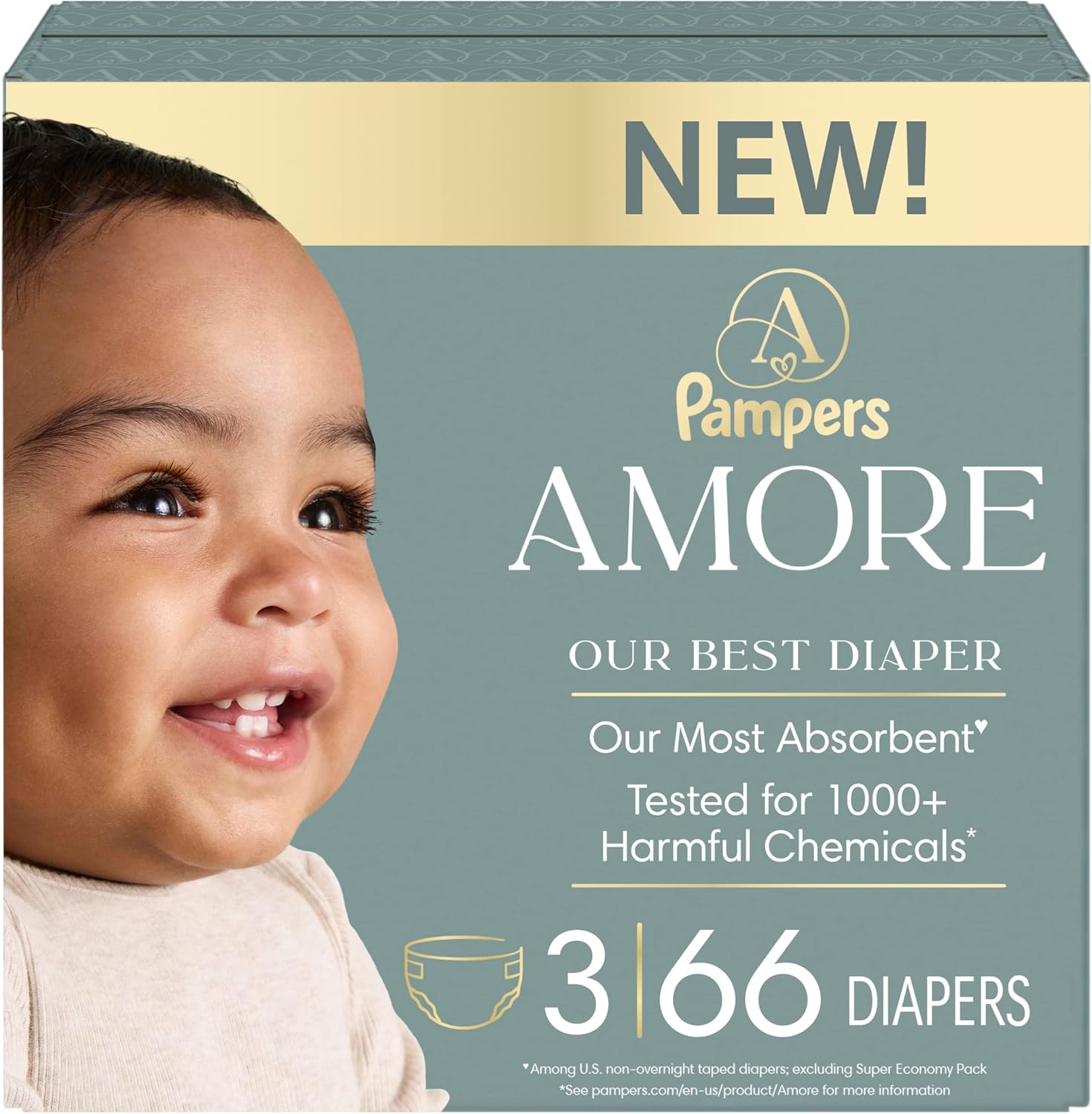 Pampers Amore, Size 4 (15-34 lbs), 150 Count, Our Best Diaper – Hypoallergenic & Fragrance Free, Up to 100% Leakproof, Soft as Cashmere