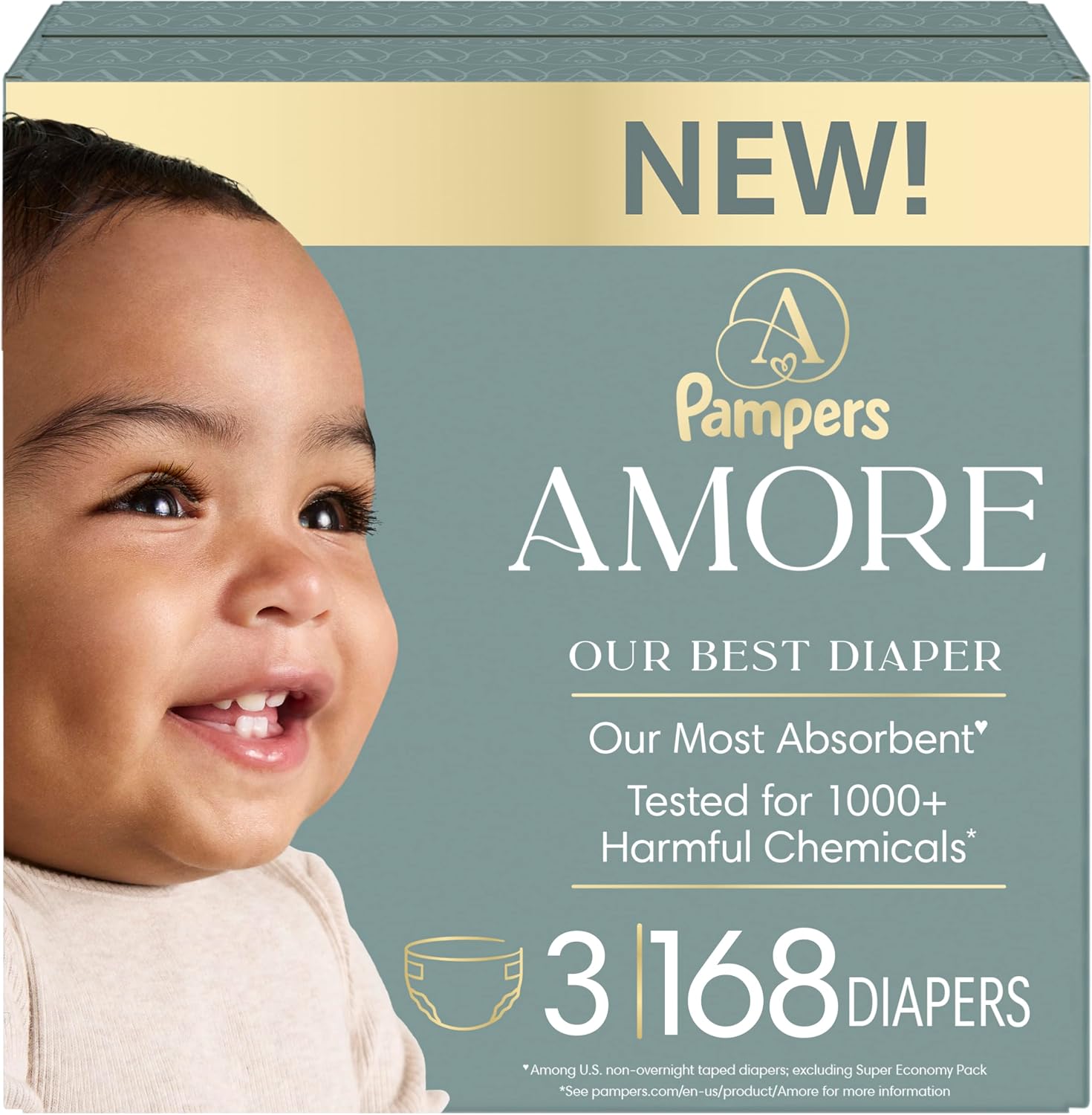 Pampers Amore, Size 4 (15-34 lbs), 150 Count, Our Best Diaper – Hypoallergenic & Fragrance Free, Up to 100% Leakproof, Soft as Cashmere