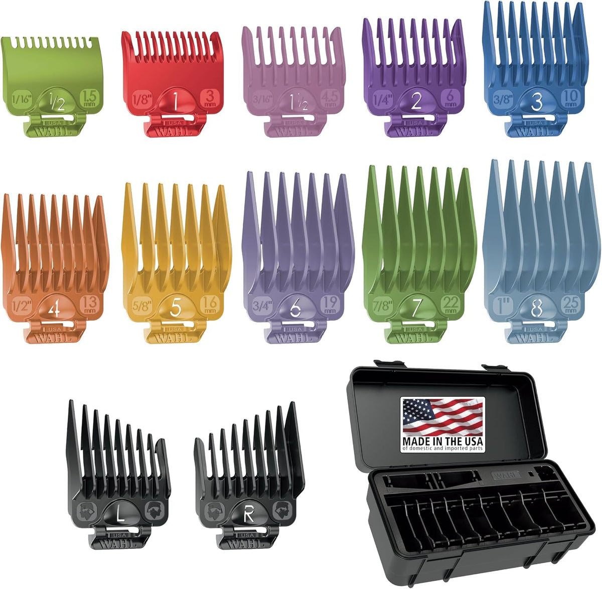 Wahl Genuine SECURE-SNAP Colored Metal Clip Guard Set, 12 Guards & Caddy