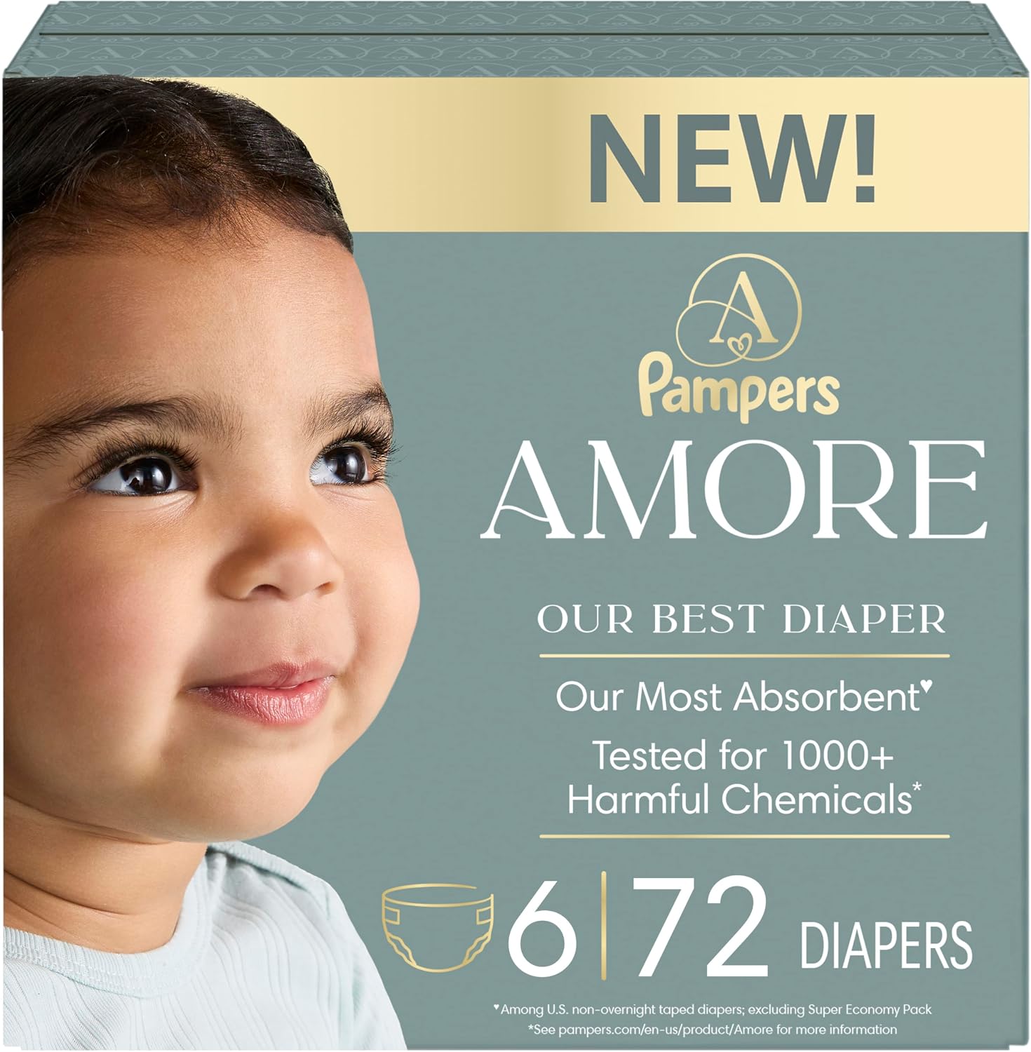 Pampers Amore, Size 4 (15-34 lbs), 150 Count, Our Best Diaper – Hypoallergenic & Fragrance Free, Up to 100% Leakproof, Soft as Cashmere