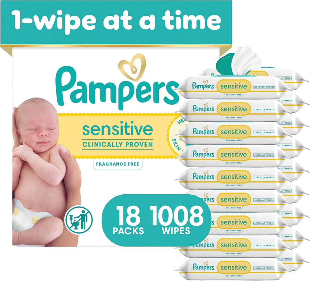Pampers Sensitive Baby Wipes, Clinically Proven, Fragrance Free, Unscented, Water Based, Hypoallergenic, Multi-Use, Hand Wipes 1008 Wipes Total (18X Flip-Top Packs) [Packaging May Vary]