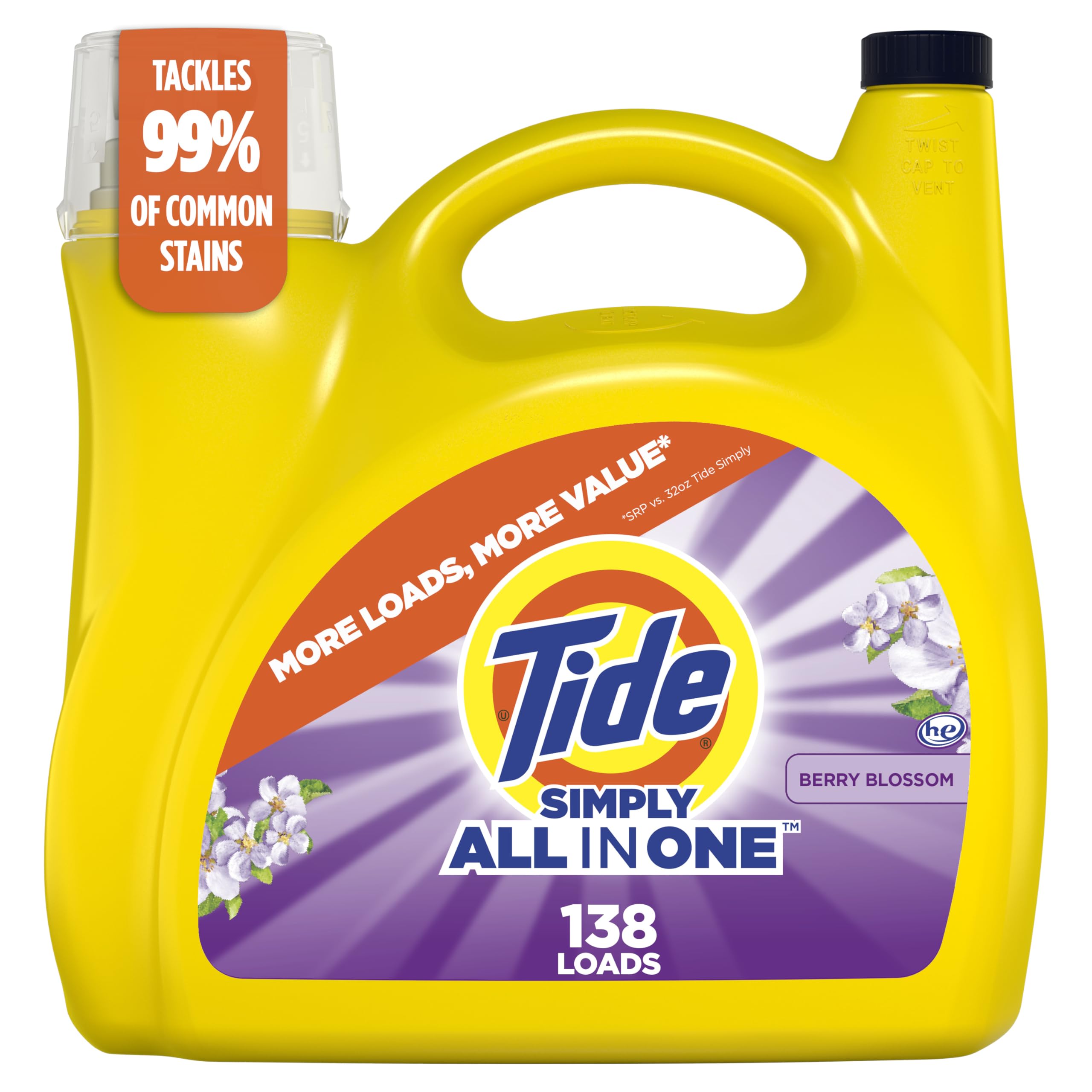Tide Simply All-In-One Liquid Laundry Detergent, Berry Blossom Scent, 89 Loads, 117 fl oz