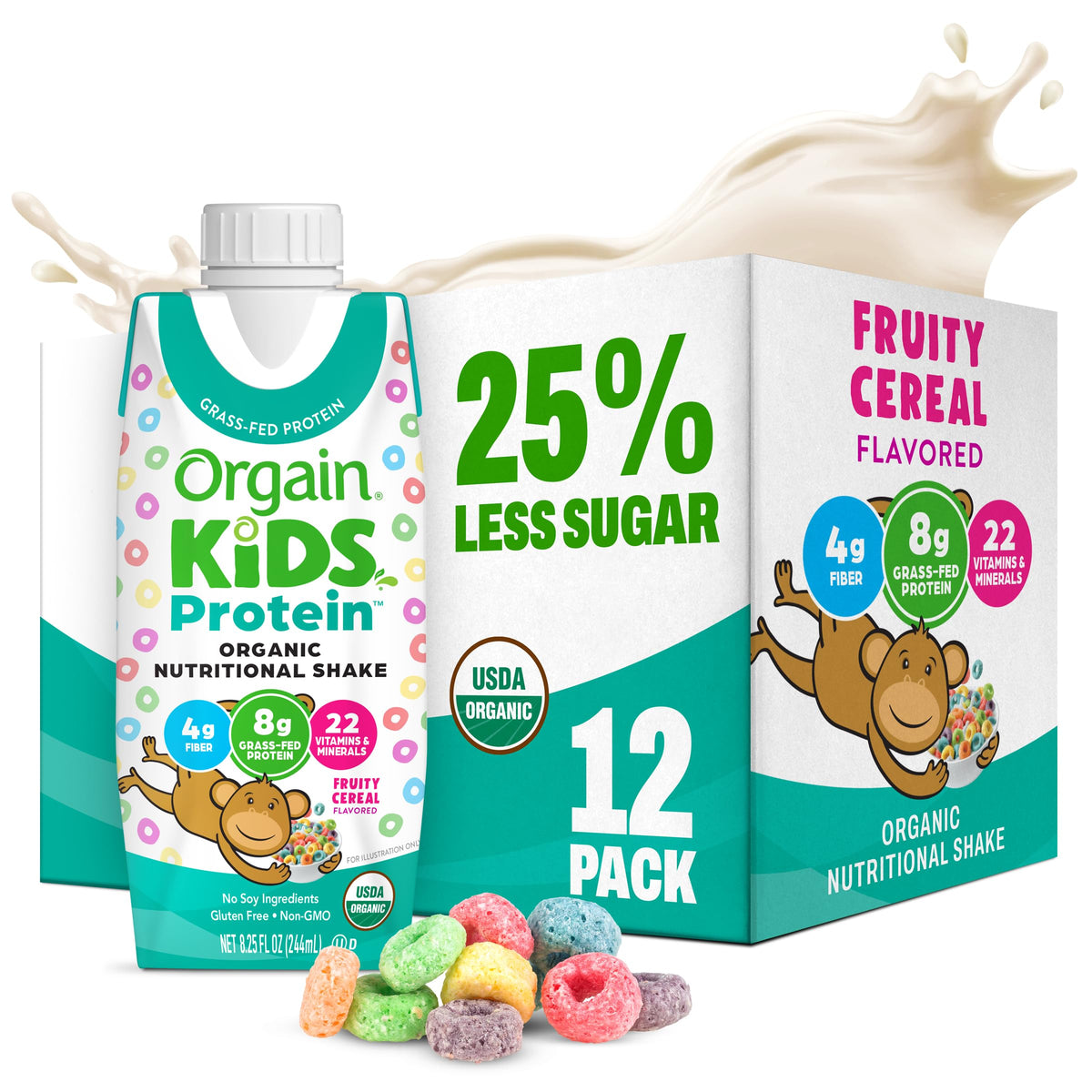 Orgain Organic Kids Protein Nutritional Shake, Chocolate - Great for Breakfast & Snacks, 21 Vitamins & Minerals, 10 Fruits & Vegetables, Gluten Free, Soy Free, 8.25 oz, 12 Count (Packaging May Vary)